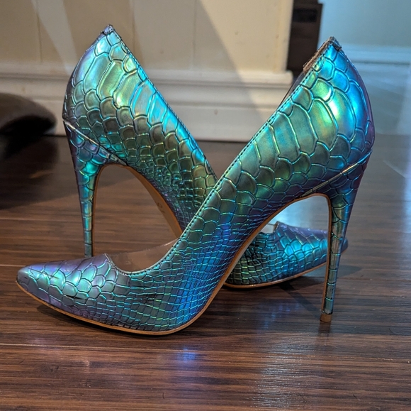 Aldo Shoes - Aldo Iridescent Teal Blue Snake-Embossed Stiletto Heels